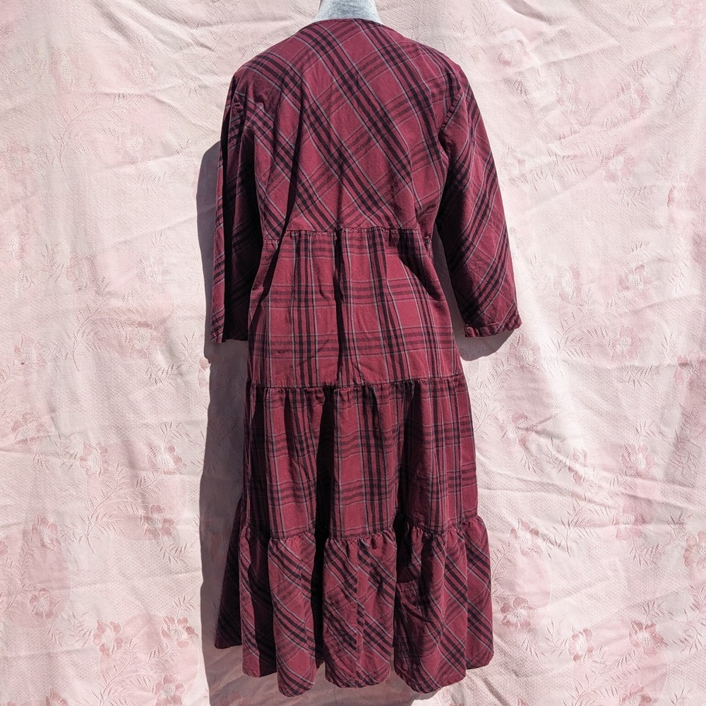 Vermont Country Store Dress M Plaid Tiered Cotton Midi Cottagecore Modest V Neck - Picture 7 of 16